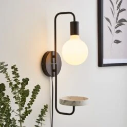 Dunelm Aubrey Exposed Bulb Shelf Wall Light Black And Faux Marble